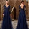 Navy Blue Beaded Lace Long Sleeve Tulle A-Line Evening Gown