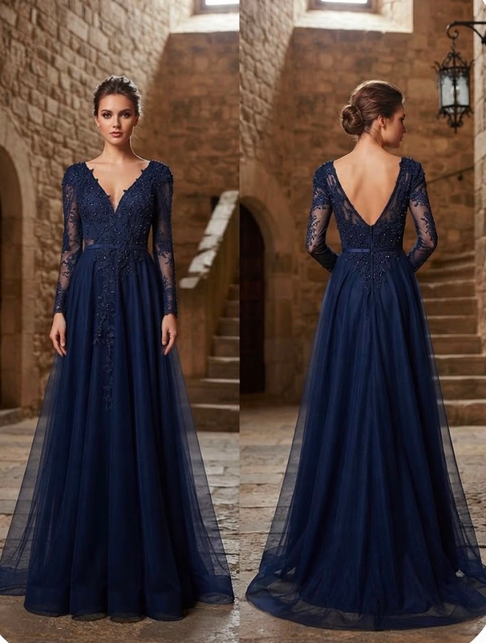 Navy Blue Beaded Lace Long Sleeve Tulle A-Line Evening Gown