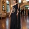 Black One-Shoulder Draped Chiffon Gown with Embellished Cutouts & Cape