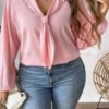 Pink Pearl-Embellished Tie-Front Long Sleeve Blouse
