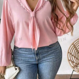 Pink Pearl-Embellished Tie-Front Long Sleeve Blouse