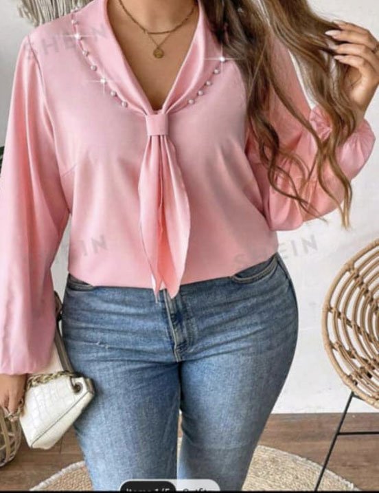 Pink Pearl-Embellished Tie-Front Long Sleeve Blouse