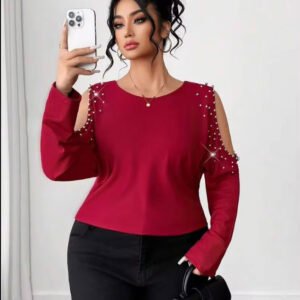 Pearl-Embellished Cold-Shoulder Long Sleeve Blouse