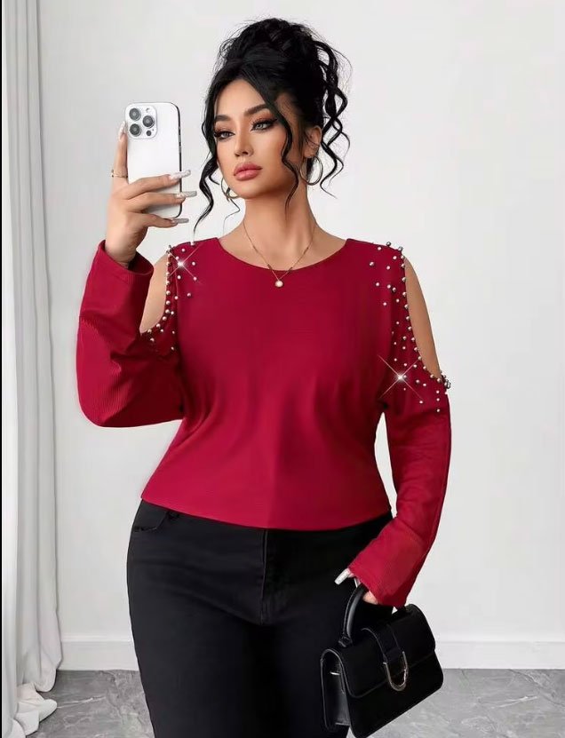 Pearl-Embellished Cold-Shoulder Long Sleeve Blouse