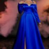 Royal Blue Satin Rhinestone Trim Off-Shoulder High-Slit Evening Gown