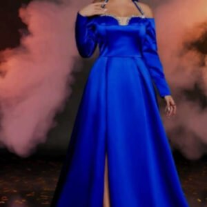Royal Blue Satin Rhinestone Trim Off-Shoulder High-Slit Evening Gown