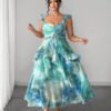 Watercolor Marble Print Tiered Ruffle Midi Dress with Beaded Fringe Accent