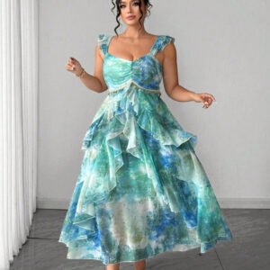Watercolor Marble Print Tiered Ruffle Midi Dress with Beaded Fringe Accent