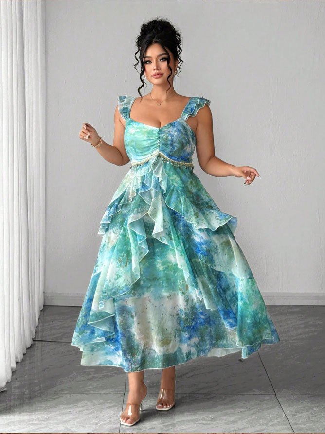 Watercolor Marble Print Tiered Ruffle Midi Dress with Beaded Fringe Accent