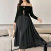 Gold Leaf Accent Off-the-Shoulder Midi Dress