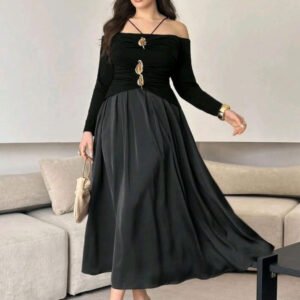 Gold Leaf Accent Off-the-Shoulder Midi Dress