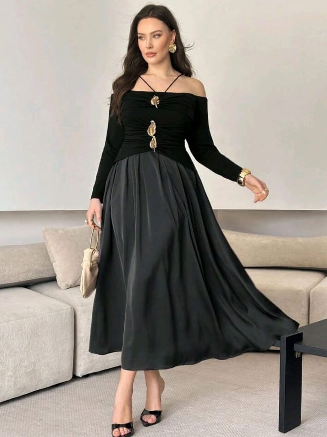 Gold Leaf Accent Off-the-Shoulder Midi Dress