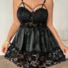 Black Floral Lace & Satin Strappy Babydoll Nightdress