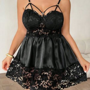 Black Floral Lace & Satin Strappy Babydoll Nightdress
