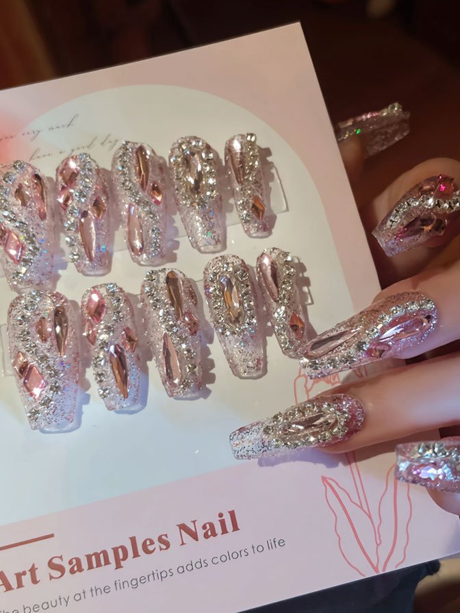 Pink Crystal Rhinestone Press-On Nails Set