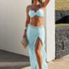 Bonvoyette Women's 3-Piece Textured Swimsuit Set with Seashell Fringe & Matching Sarong Skirt
