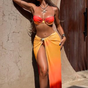 Sunset Gradient 3-Piece Swimsuit Set with Braided Straps & Sheer Mesh Sarong Skirt