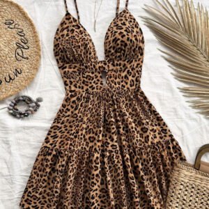 Leopard Print Cutout V-Neck Tiered Mini Sundress