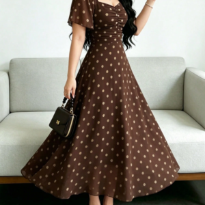 Brown Polka Dot Ruched Bust Flutter Sleeve Maxi Dress