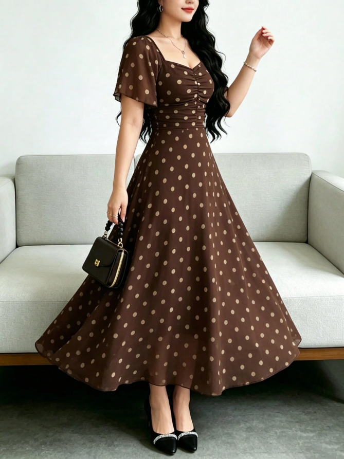 Brown Polka Dot Ruched Bust Flutter Sleeve Maxi Dress